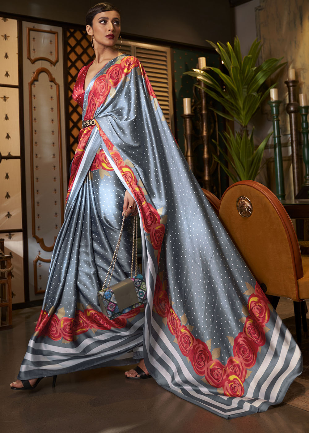 Lead Grey Designer Satin Crepe Printed Saree