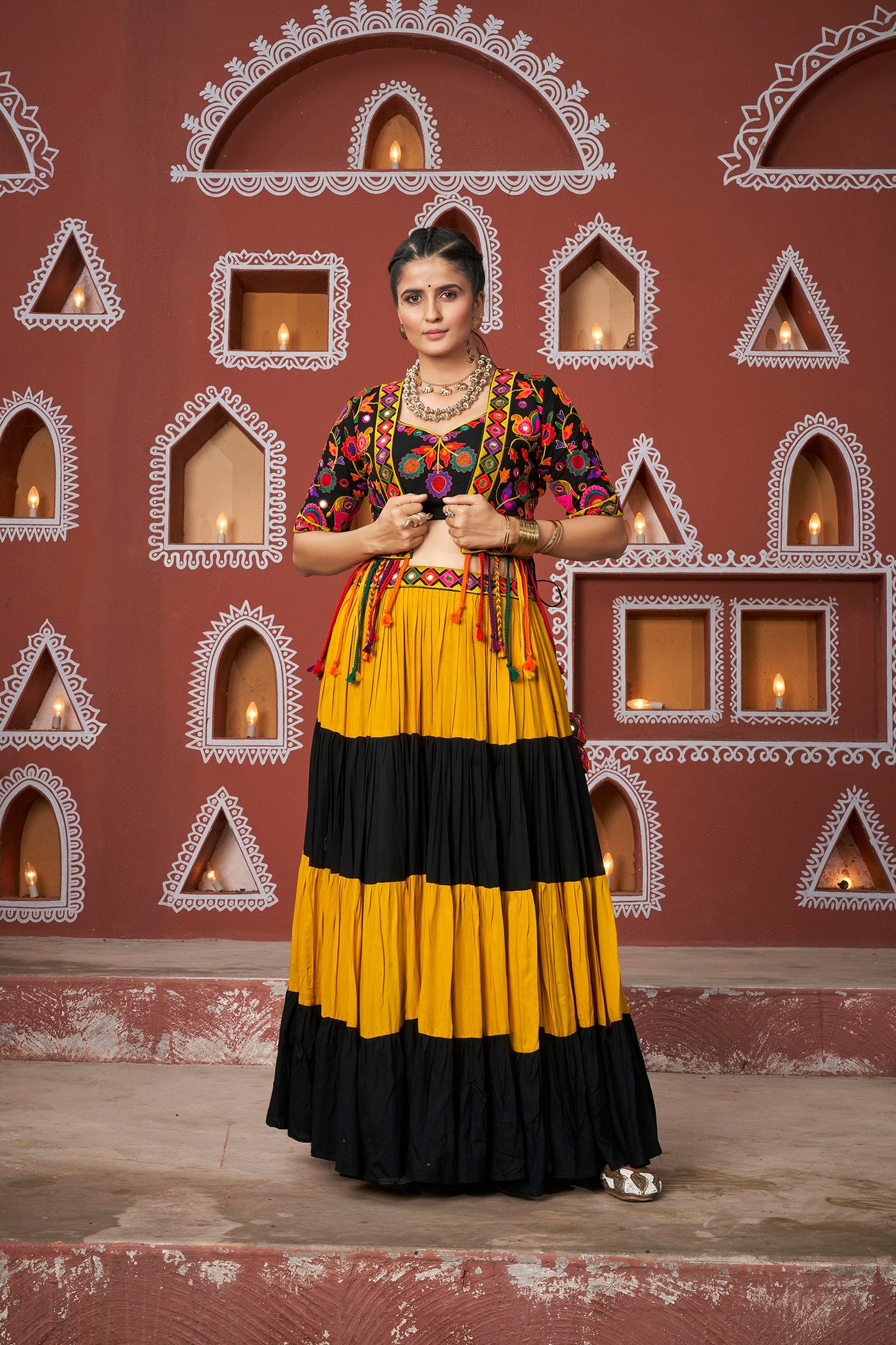 Navratri Wear Multi Colour Embroidered Mirror Worked Jacket Lehenga Set