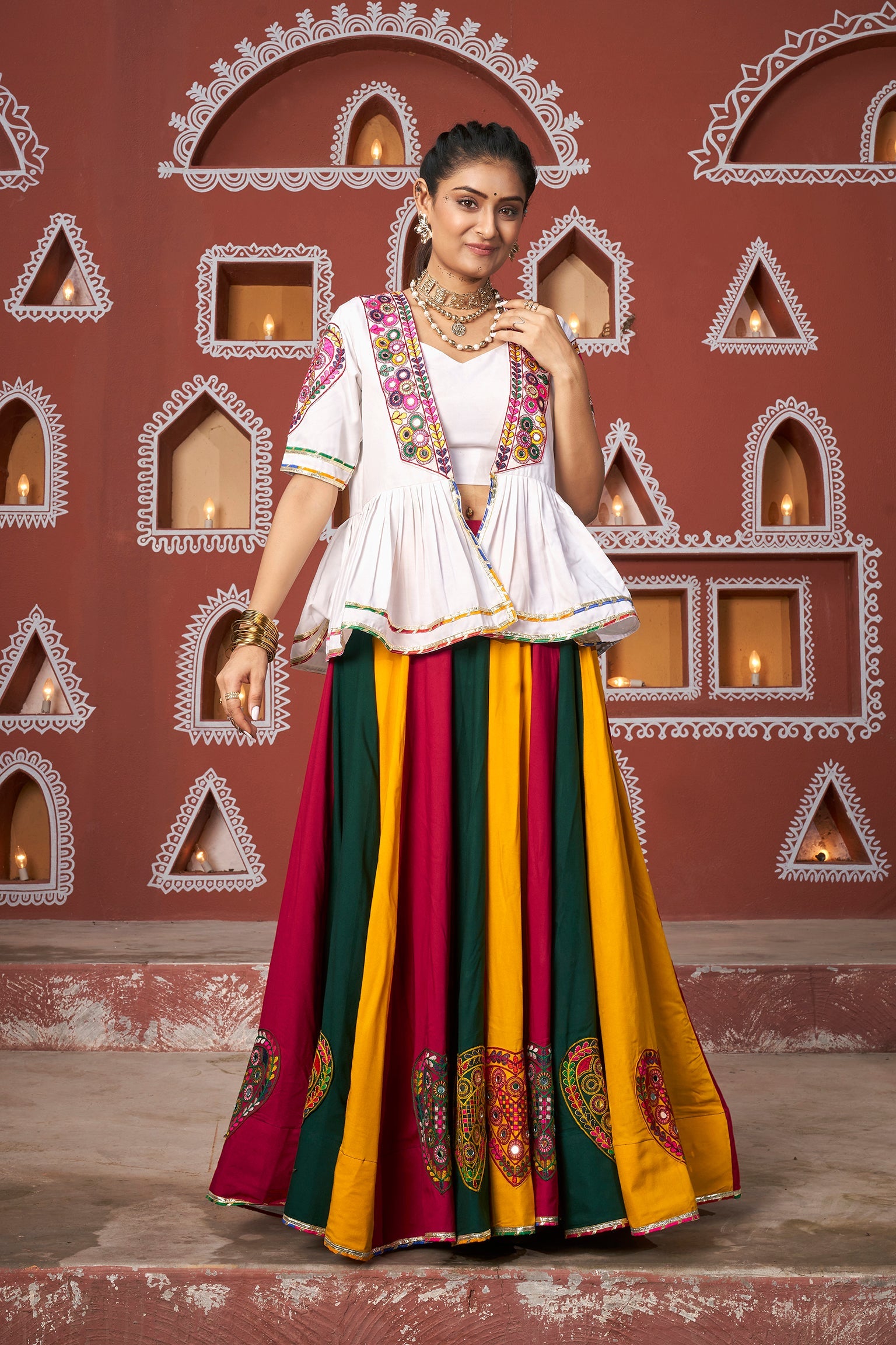 Navratri Special Multi Colour Mirror Embroidered Jacket Lehenga Set