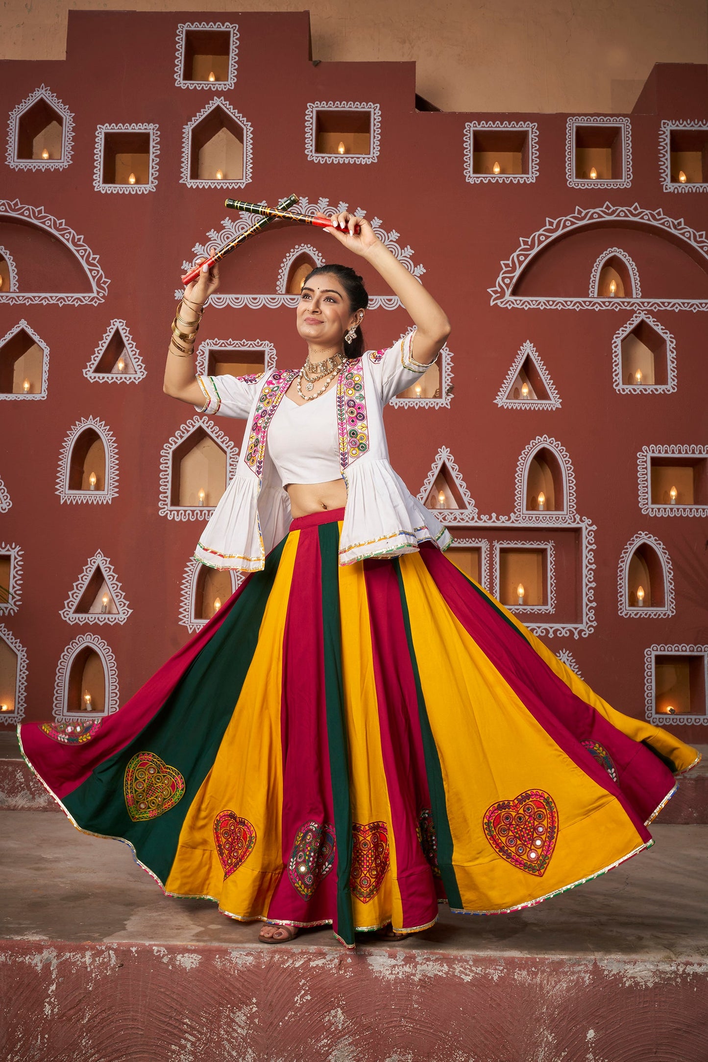 Navratri Special Multi Colour Mirror Embroidered Jacket Lehenga Set