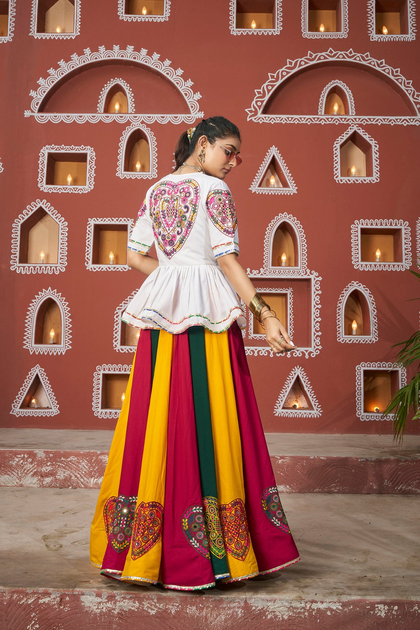 Navratri Special Multi Colour Mirror Embroidered Jacket Lehenga Set