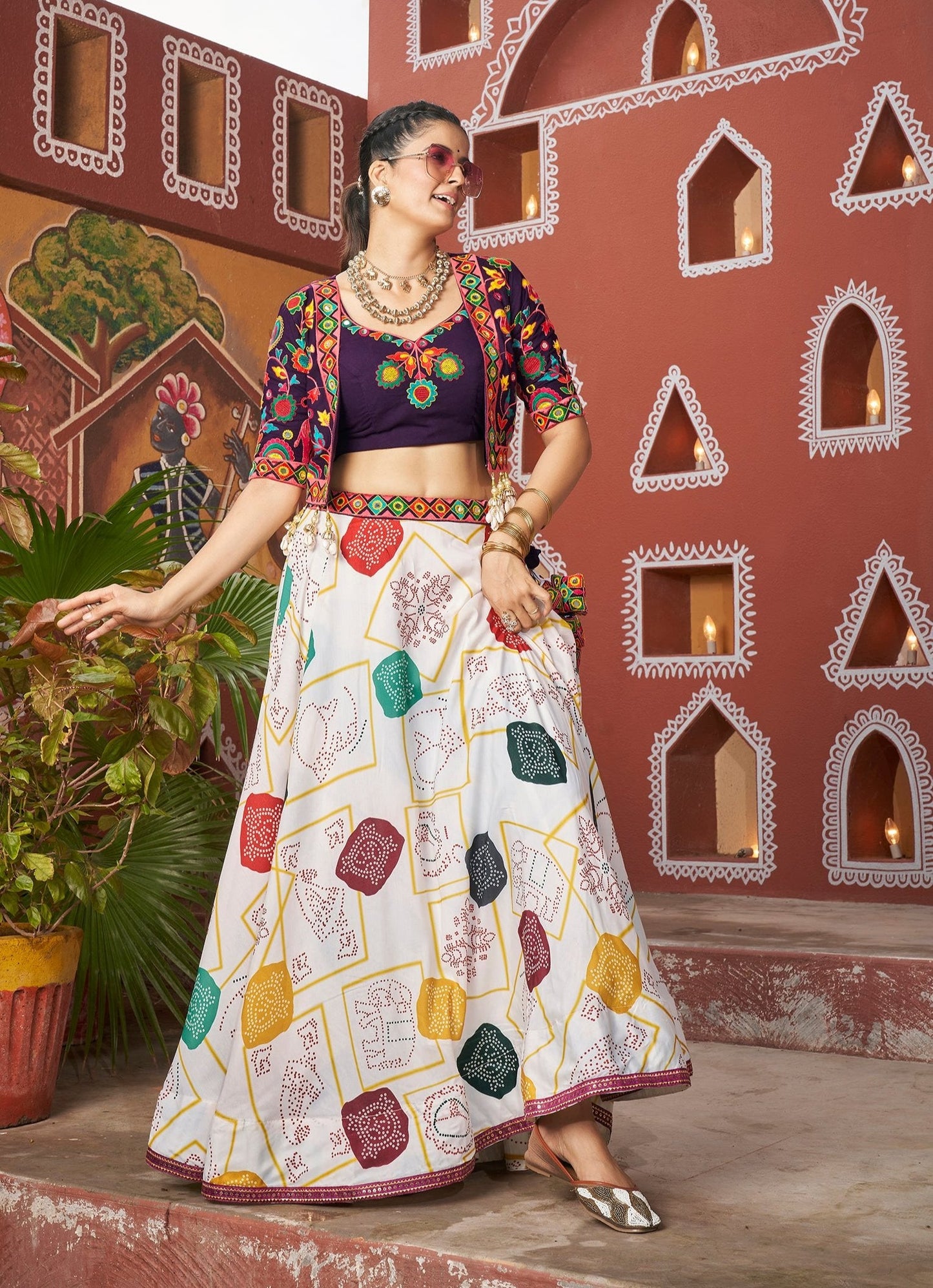 Navratri Special White Mirror Embroidered Jacket Lehenga Set