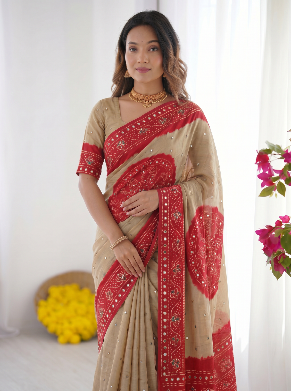 Beige crimson red bandhani inspired modal silk saree with traditional folk print pallu stone embellishments