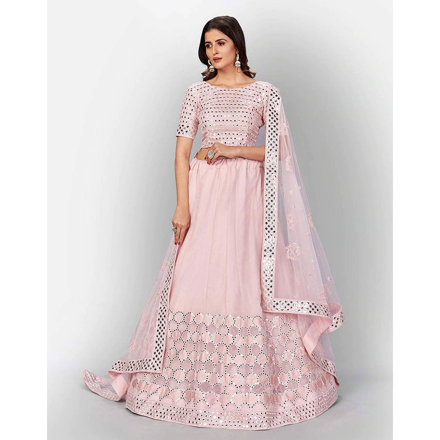 Baby Pink Thread and Foil Mirror Cutwork Lehenga choli