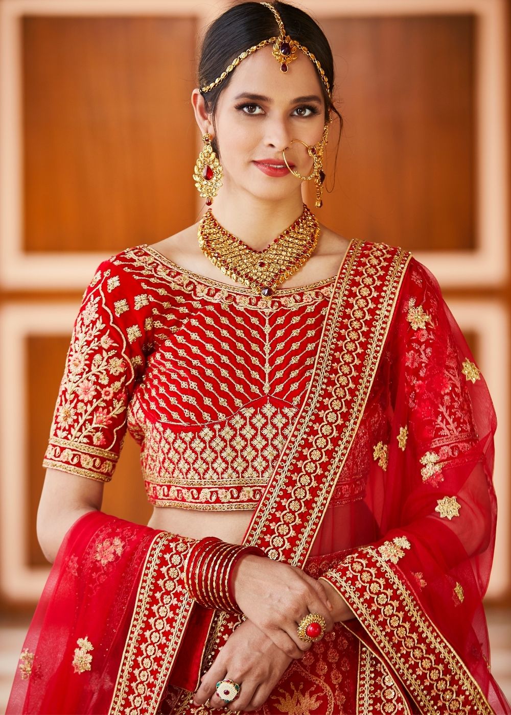 Crimson Red Velvet Bridal Lehenga Choli with Embroidery & Hand work