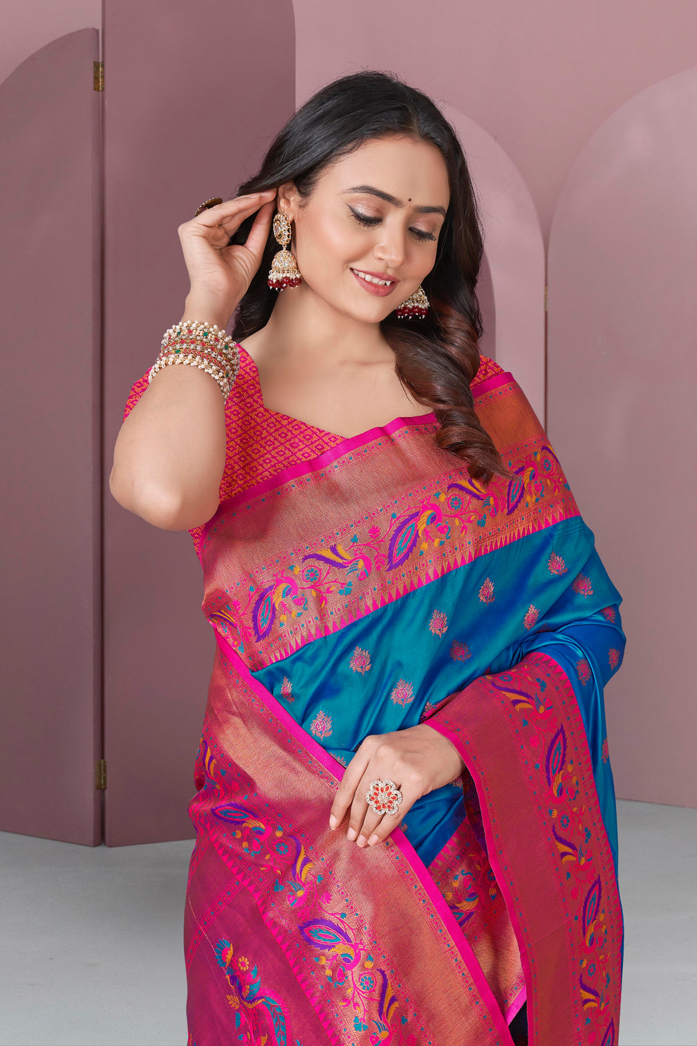 Blue original meenakari paithani silk zari woven saree