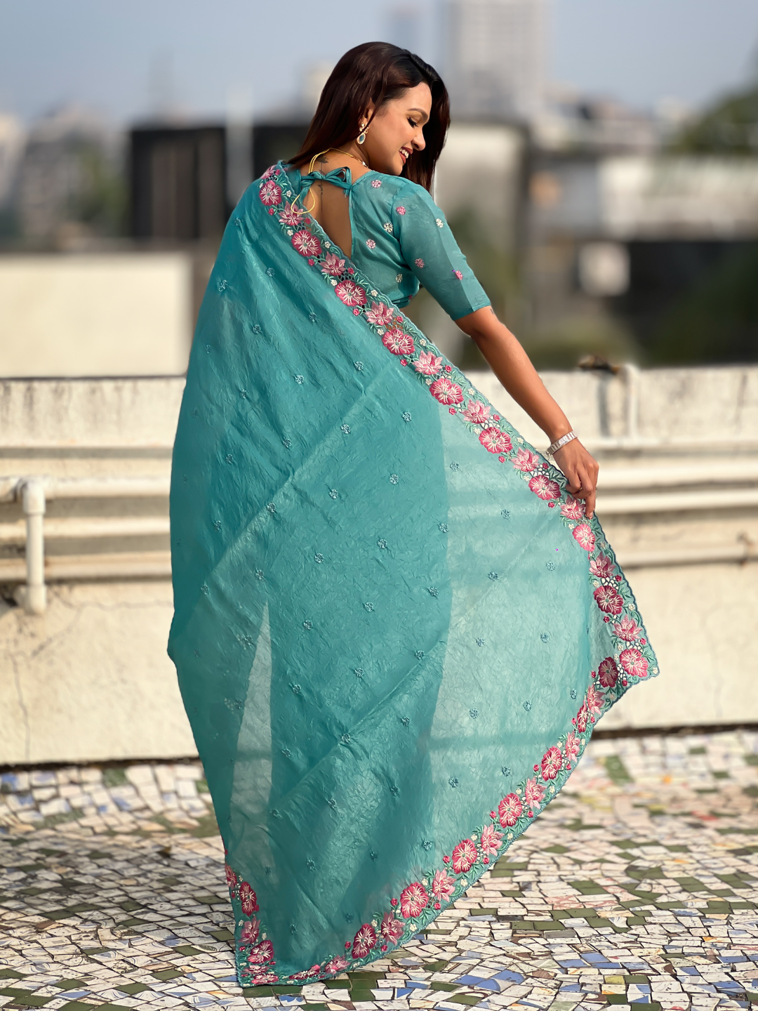 Sky Pure Crush Embroidered Saree with Multicolor Floral Motifs and Cutwork Border