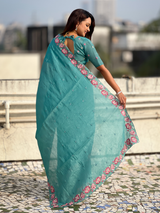 Sky Pure Crush Embroidered Saree with Multicolor Floral Motifs and Cutwork Border