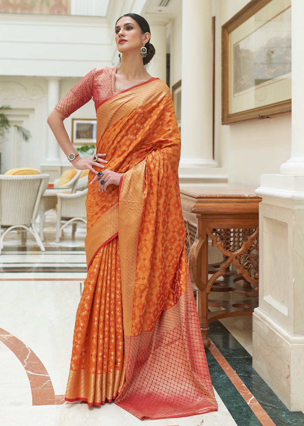Peel Orange Handloom Patola Weave Silk Saree