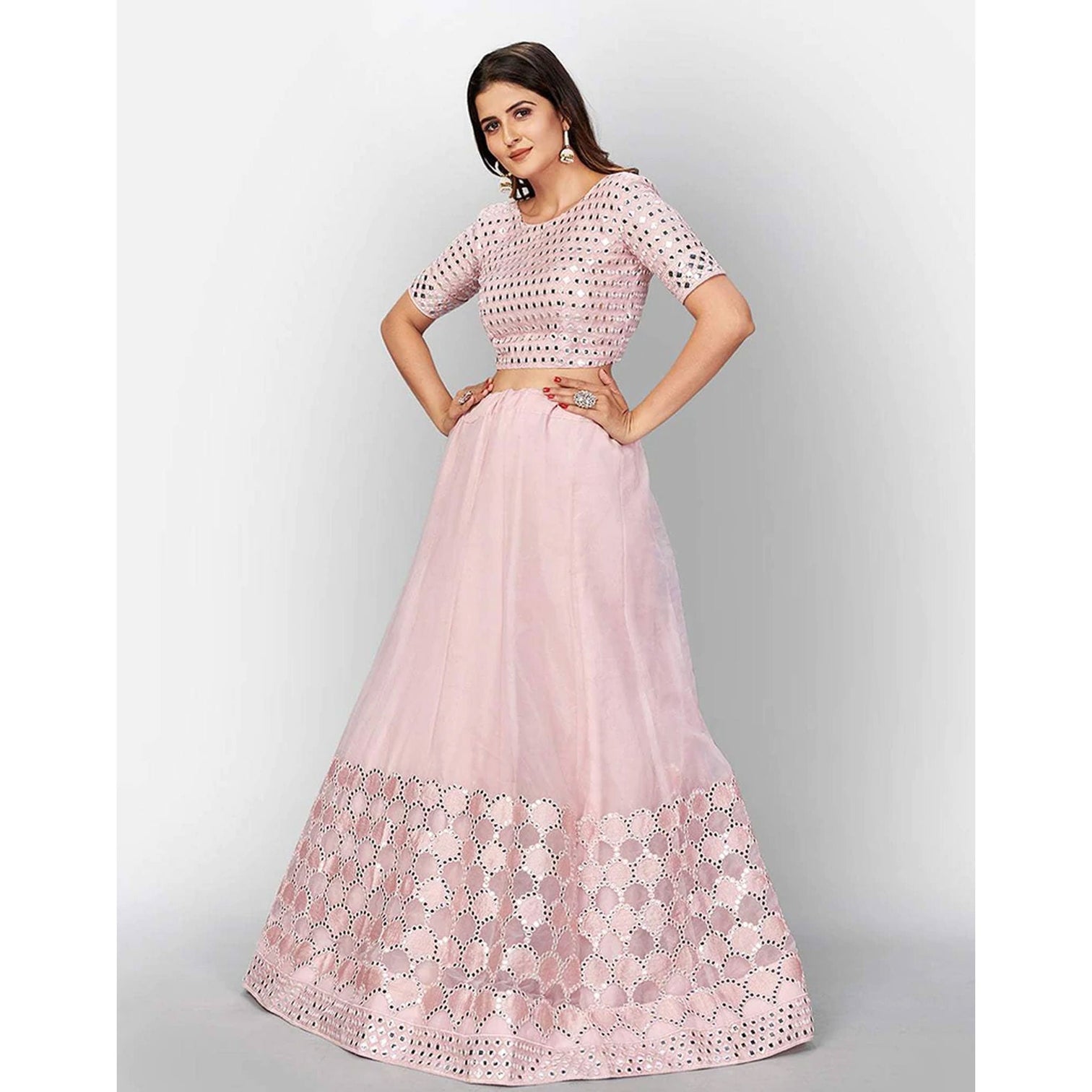 Baby Pink Thread and Foil Mirror Cutwork Lehenga choli