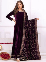 Libas Wine Solid Velvet Anarkali Suit With Dupatta