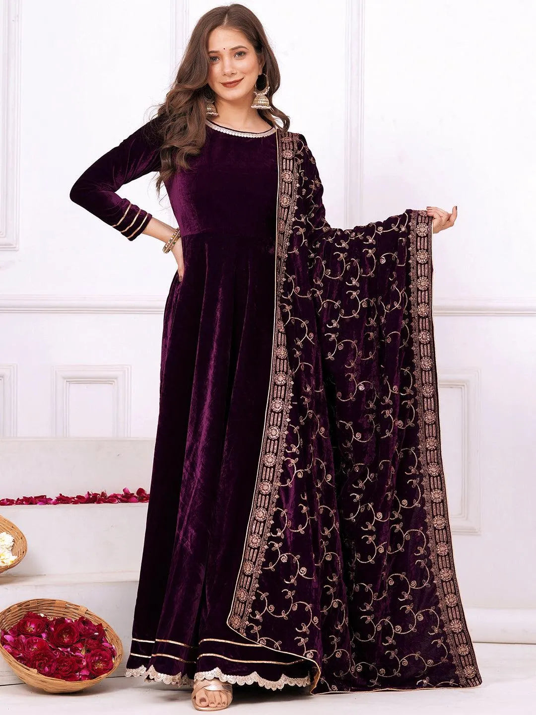 Libas Wine Solid Velvet Anarkali Suit With Dupatta