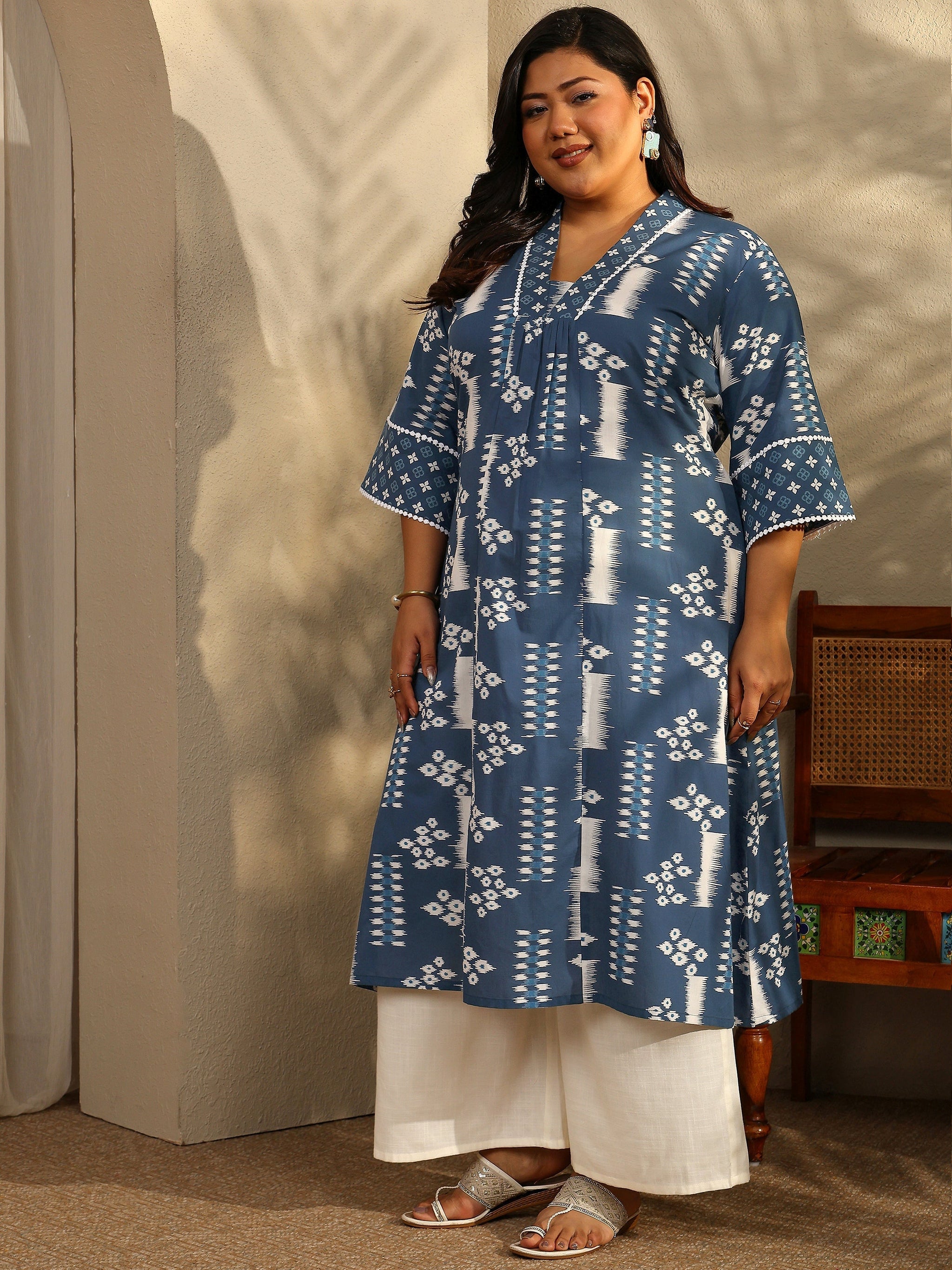 Plus Size Block Printed Cotton A-Line Kurta