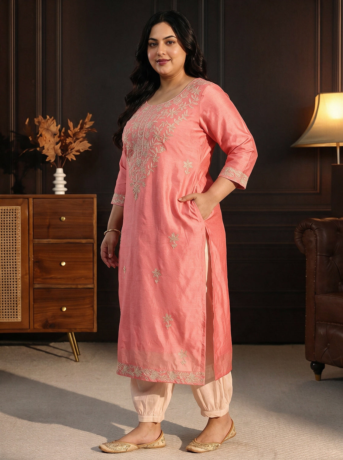 Plus Size Rose Pink Floral Embroidered Silk Blend Straight Kurta