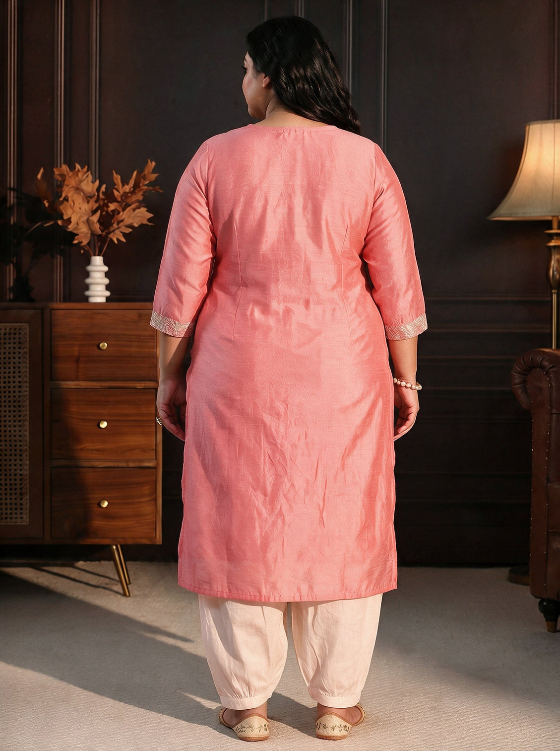 Plus Size Rose Pink Floral Embroidered Silk Blend Straight Kurta