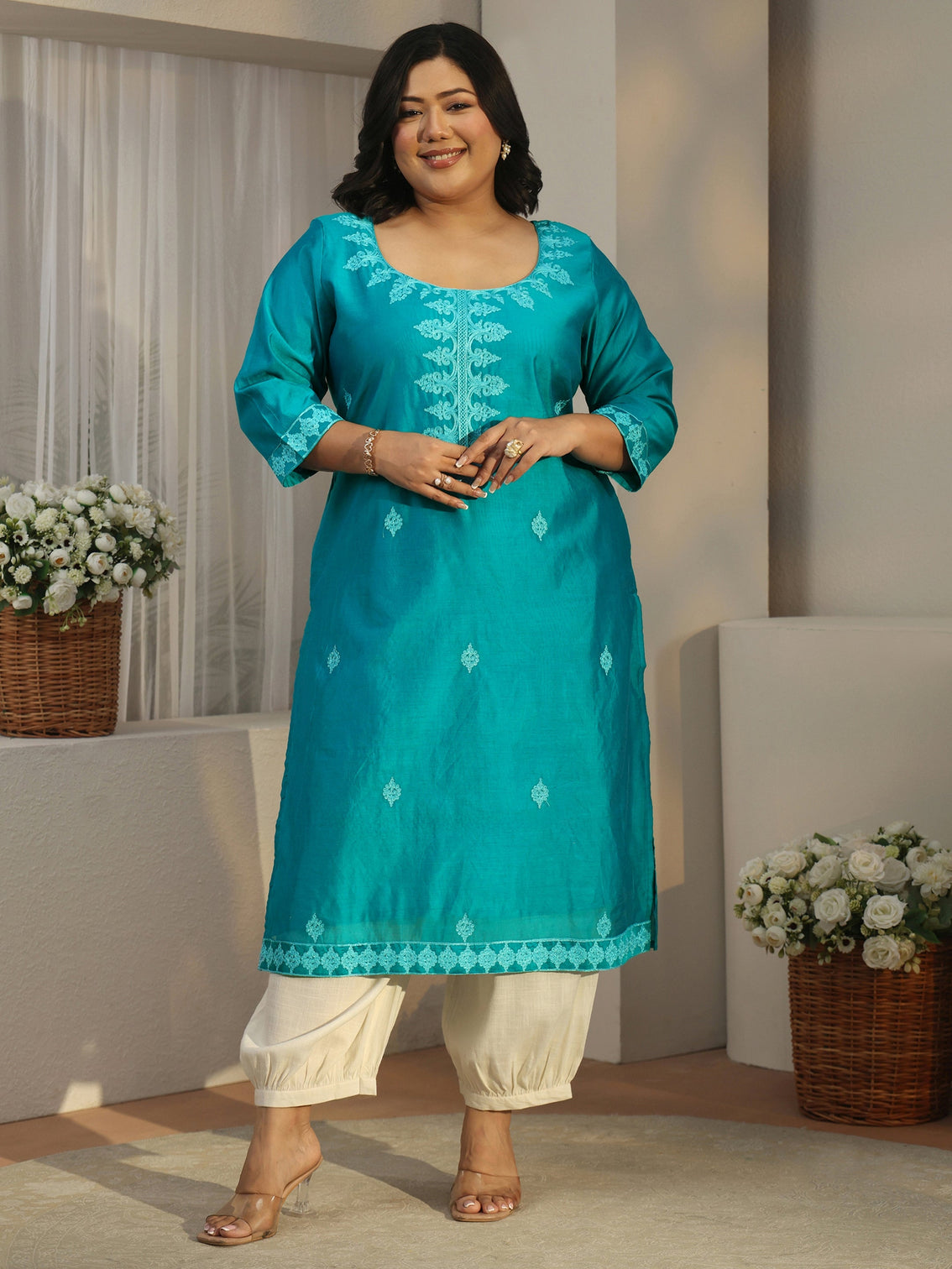 Plus Size Aqua Blue Embroidered Silk Blend Straight Kurta