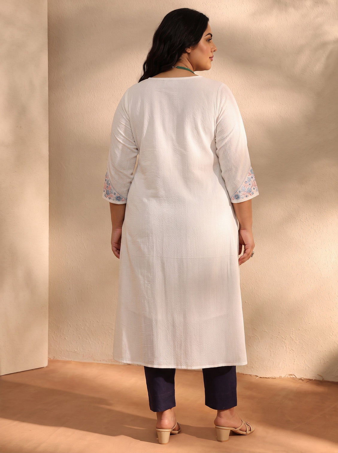 Plus Size White Yoke Design Cotton A-Line Kurta