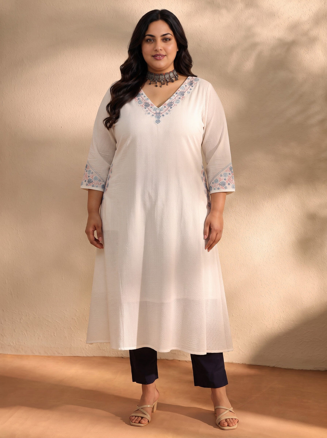Plus Size White Yoke Design Cotton A-Line Kurta