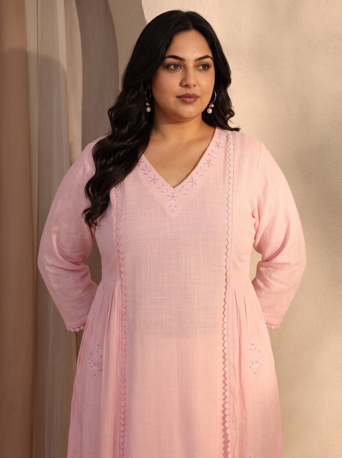 Plus Size Pink Embroidered Cotton A-Line Kurta