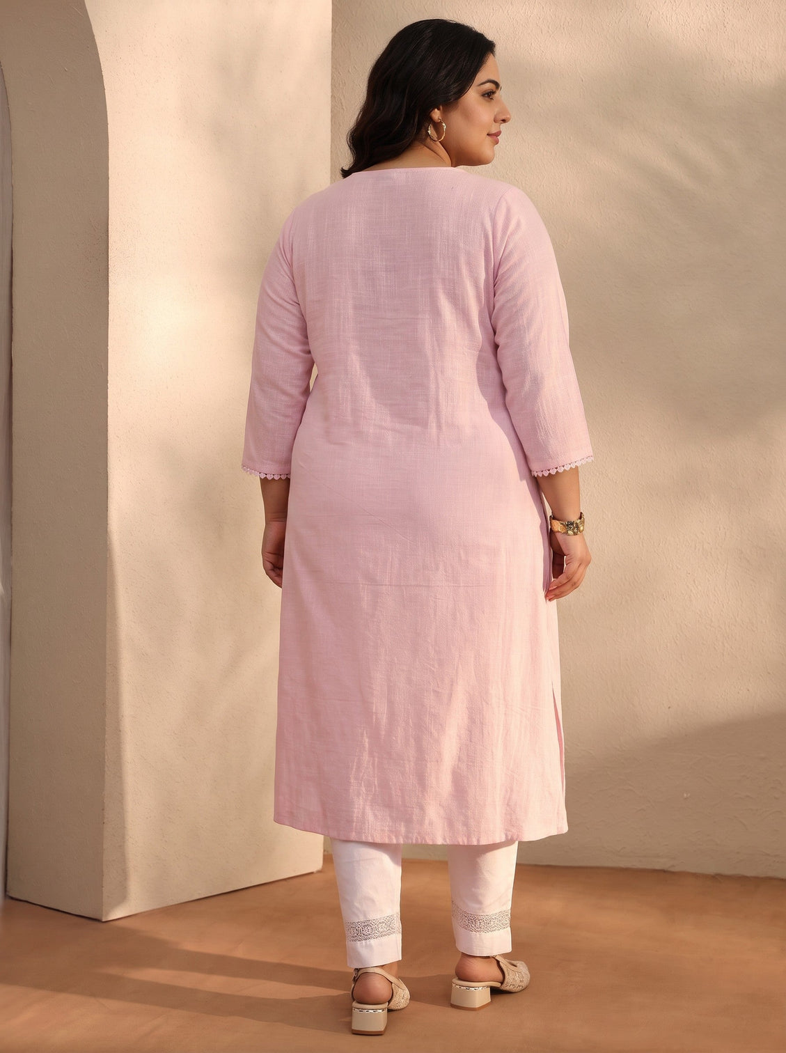 Plus Size Pink Embroidered Cotton A-Line Kurta