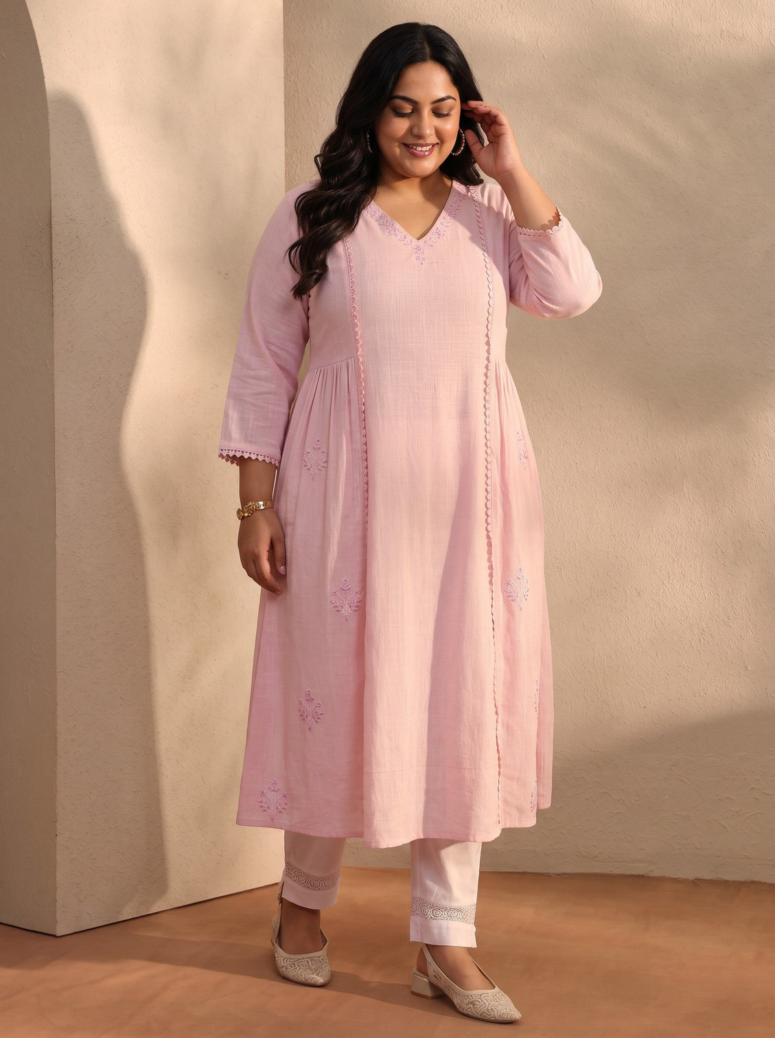 Plus Size Pink Embroidered Cotton A-Line Kurta