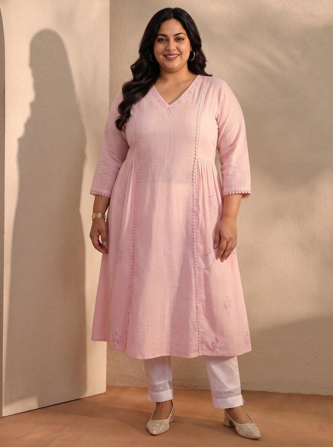 Plus Size Pink Embroidered Cotton A-Line Kurta