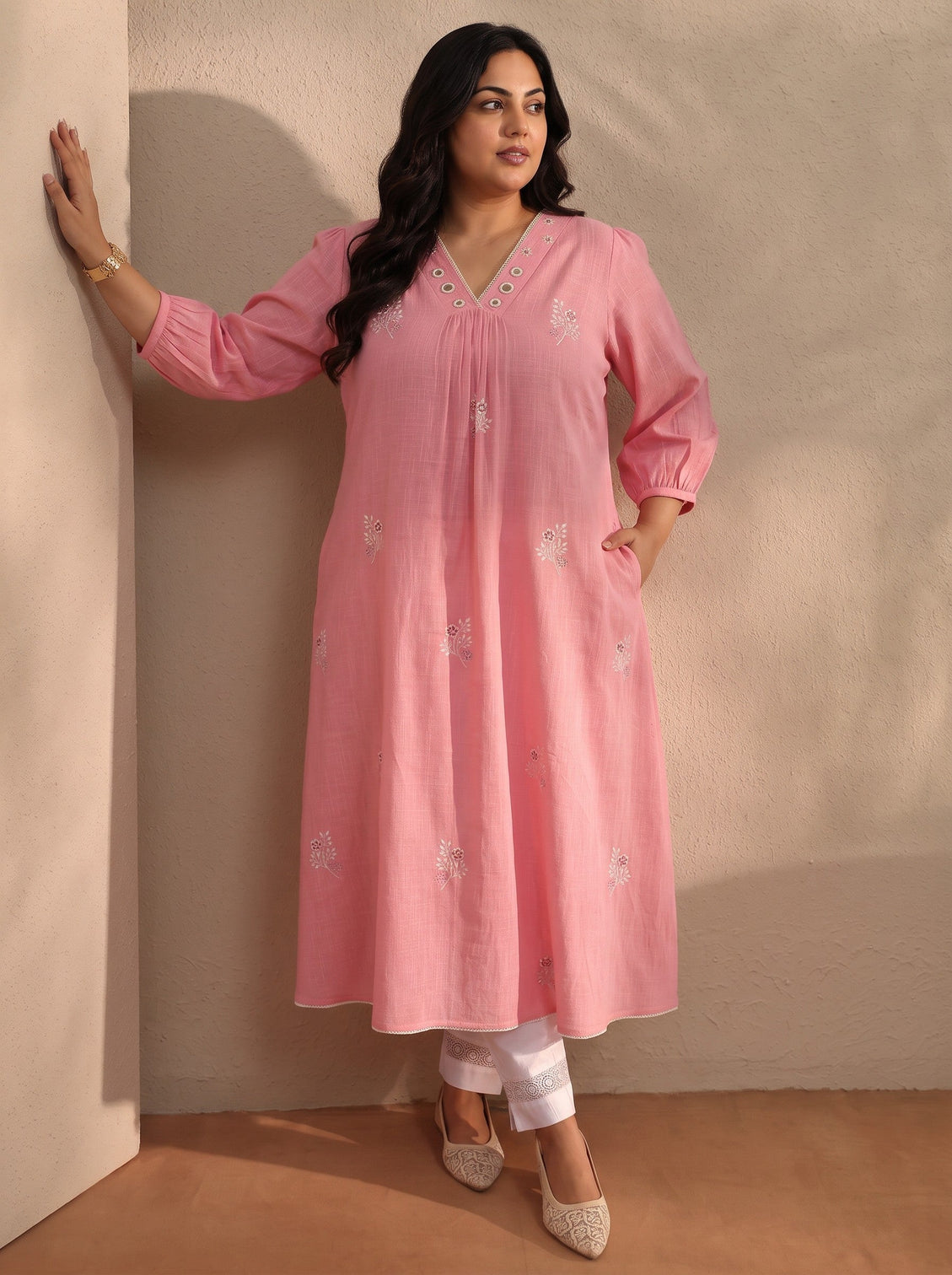 Plus Size Peach Embroidered Cotton A-Line Kurta
