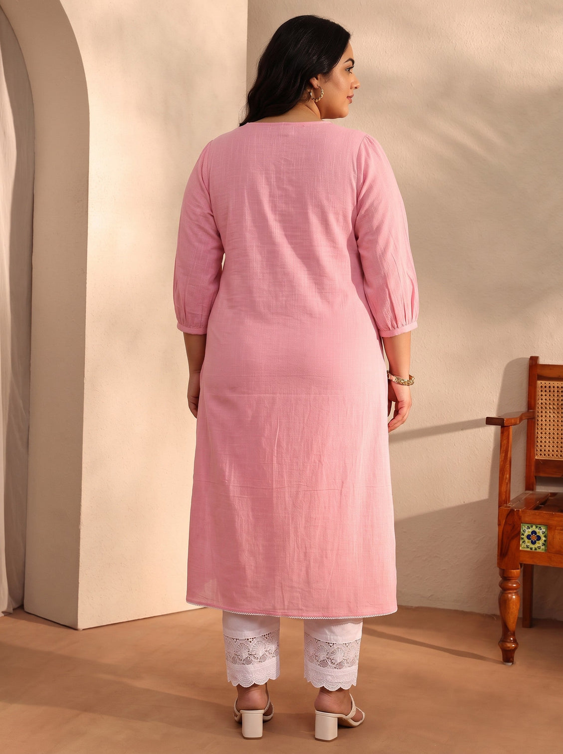 Plus Size Peach Embroidered Cotton A-Line Kurta
