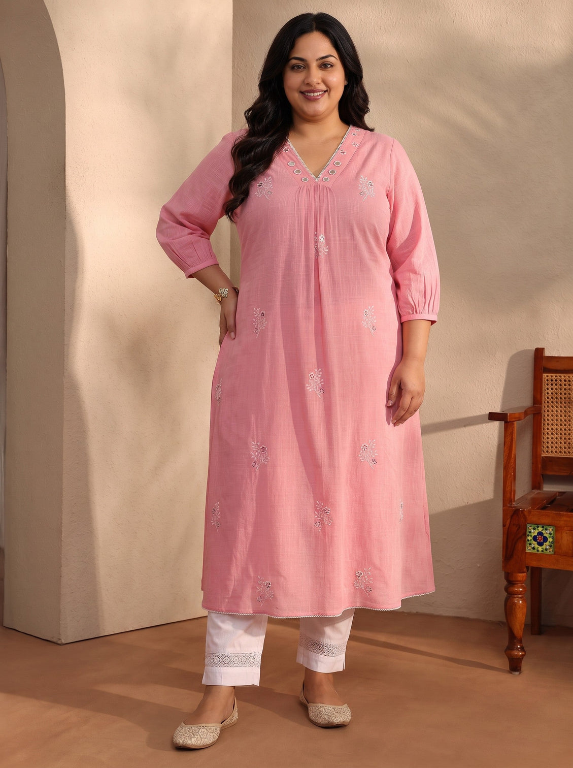 Plus Size Peach Embroidered Cotton A-Line Kurta