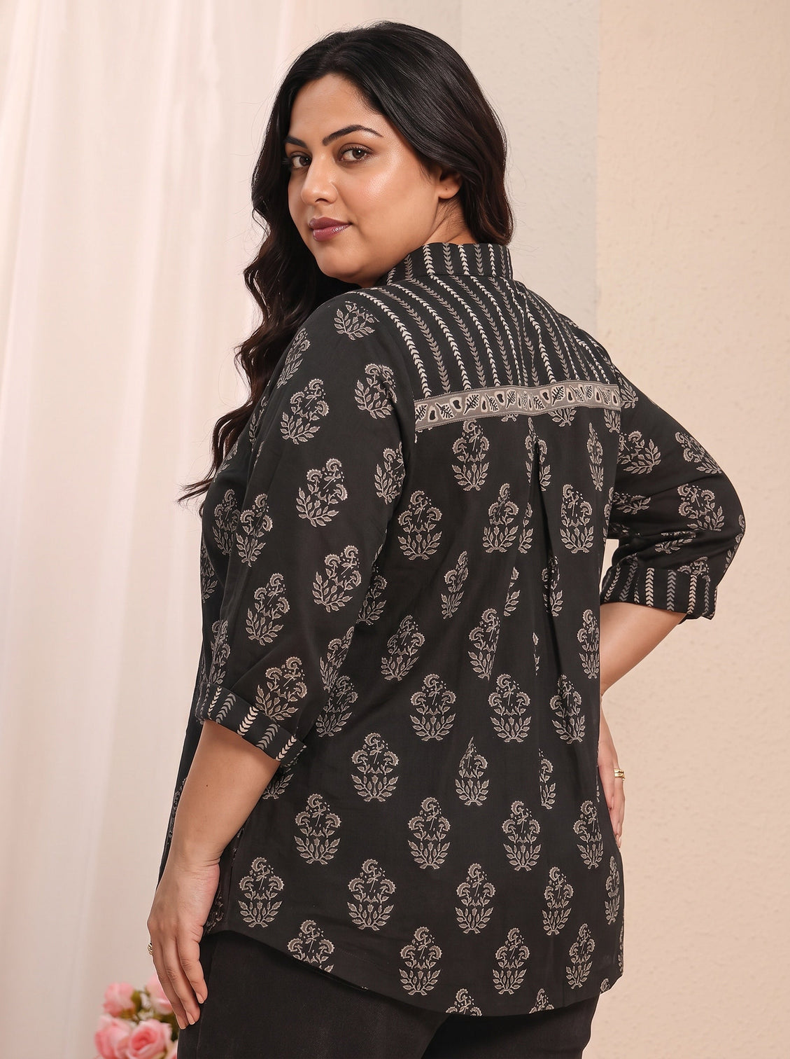 Plus Size Black Floral Printed Cotton Shirt