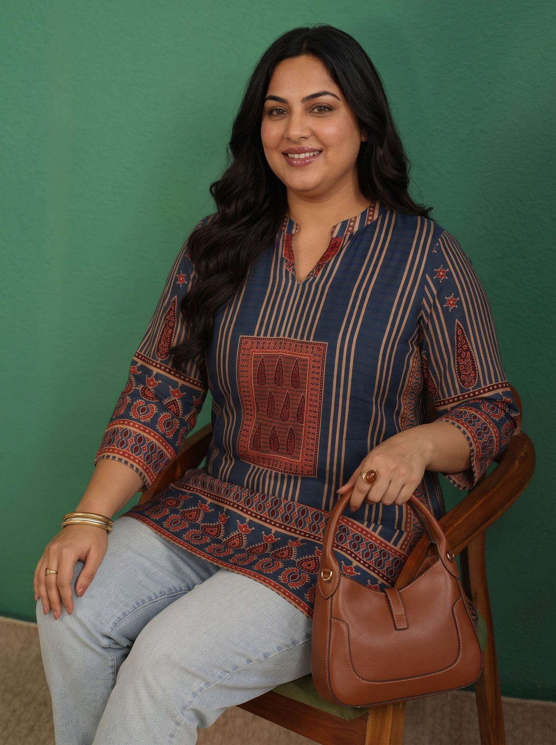 Plus Size Blue Striped Silk Blend Short Kurti
