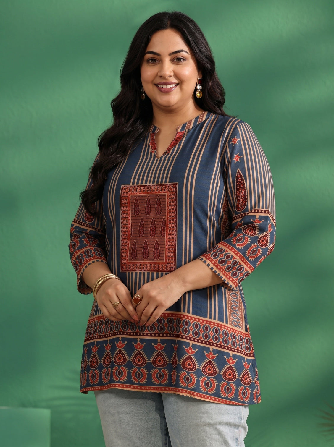 Plus Size Blue Striped Silk Blend Short Kurti