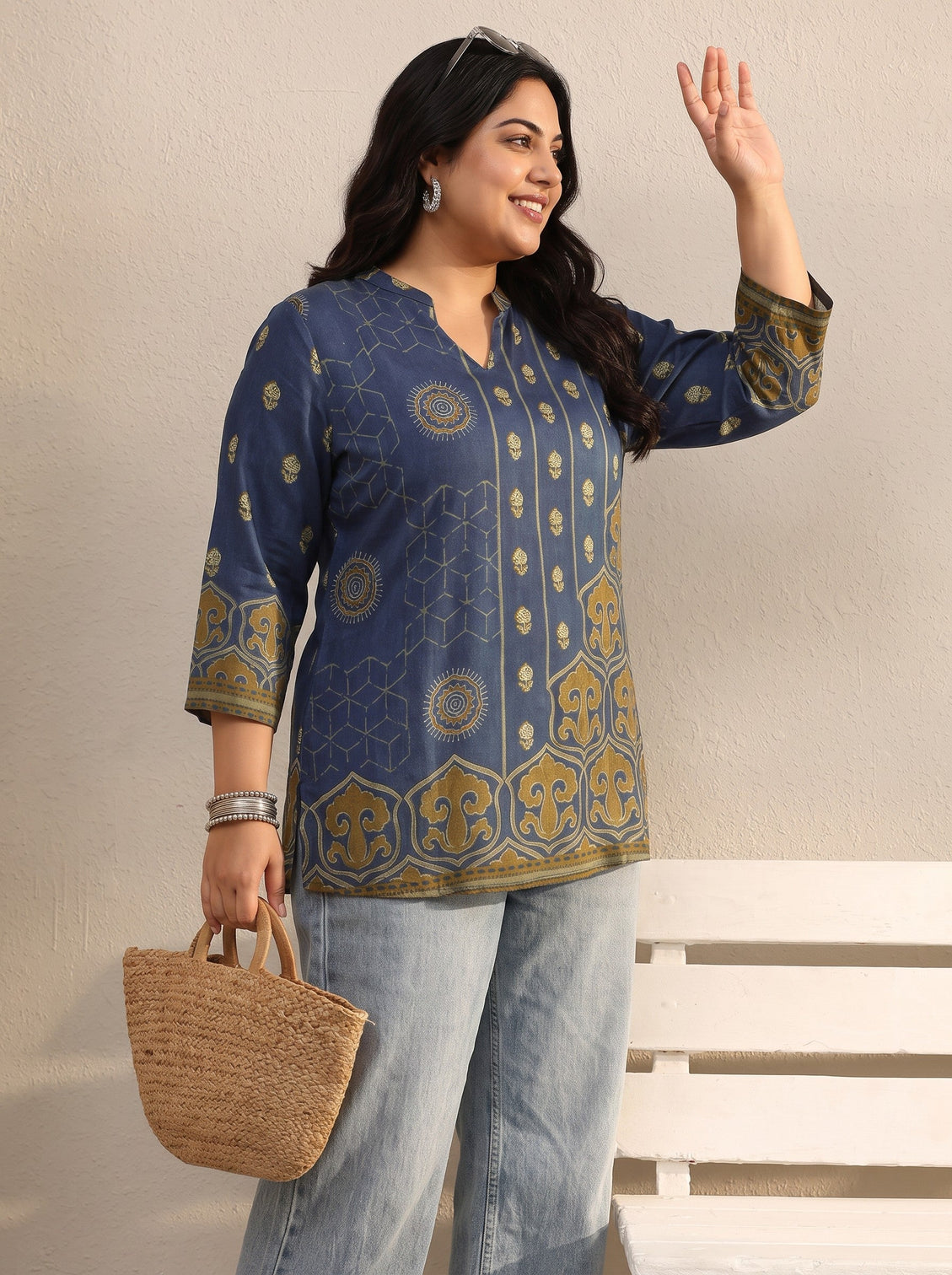 Plus Size Blue Ethnic Printed Silk Blend Straight Short Kurti