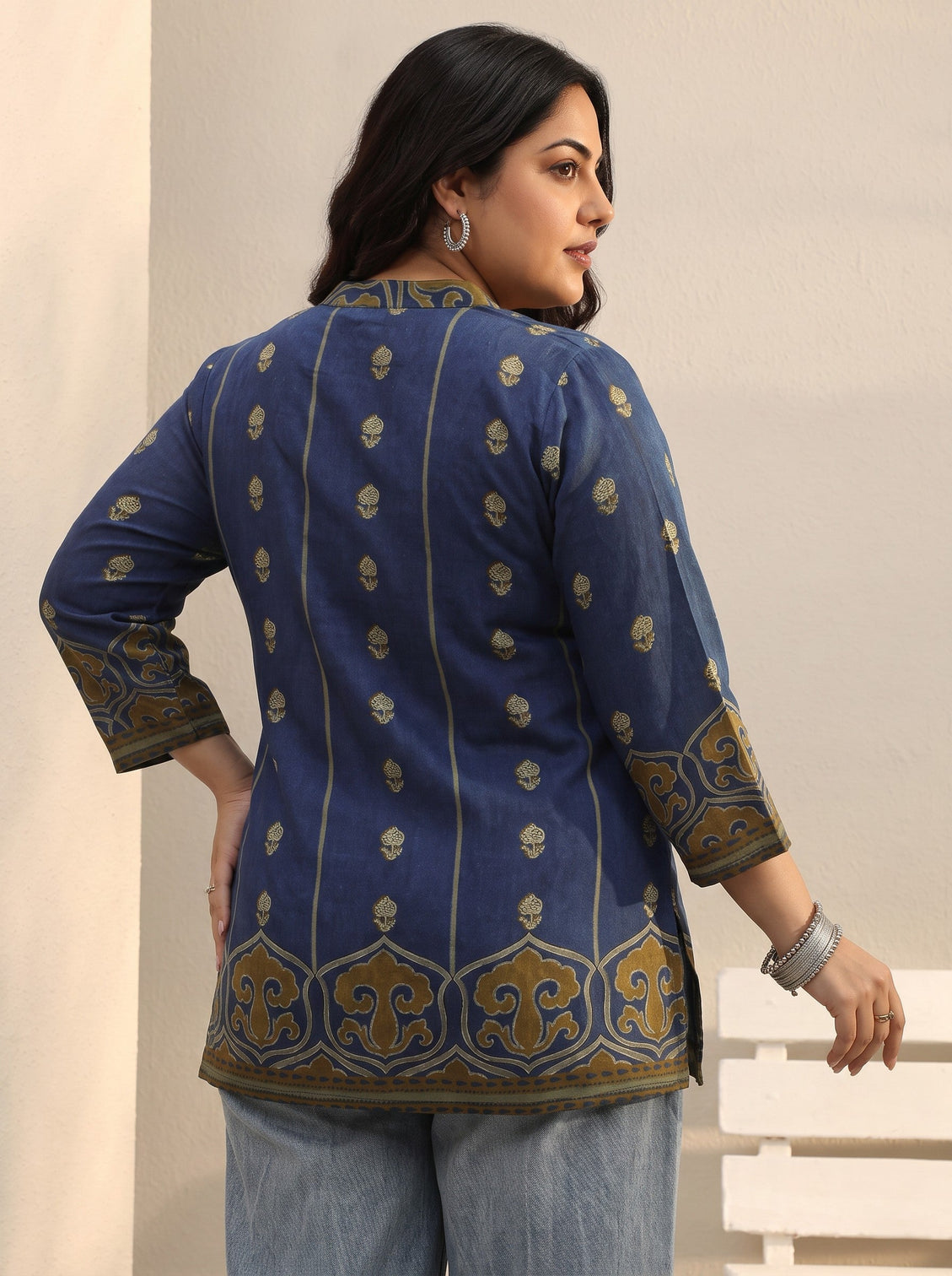Plus Size Blue Ethnic Printed Silk Blend Straight Short Kurti