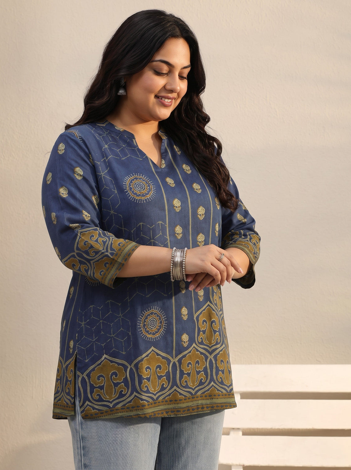 Plus Size Blue Ethnic Printed Silk Blend Straight Short Kurti