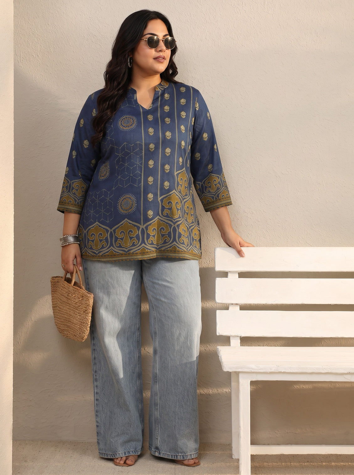 Plus Size Blue Ethnic Printed Silk Blend Straight Short Kurti