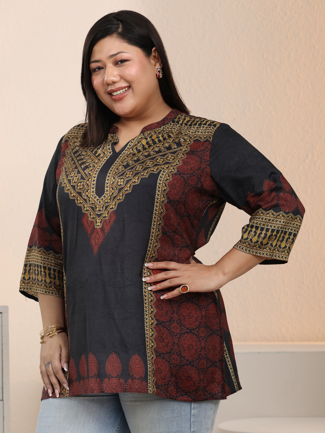 Plus Size Black Ethnic Printed Silk Blend Straight Short Kurti