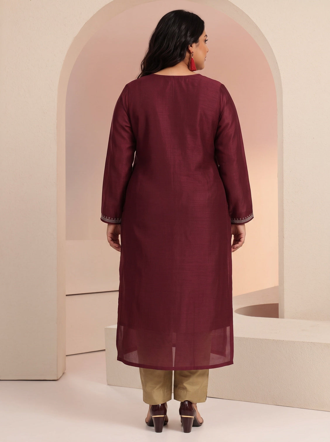 Plus Size Maroon Ethnic Embroidered Silk Blend Straight Kurta