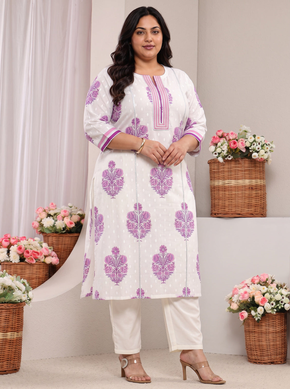 Plus Size White Floral Printed Cotton A-Line Kurta