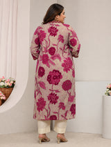 Plus Size Maroon Floral Printed Silk Blend Straight Kurta