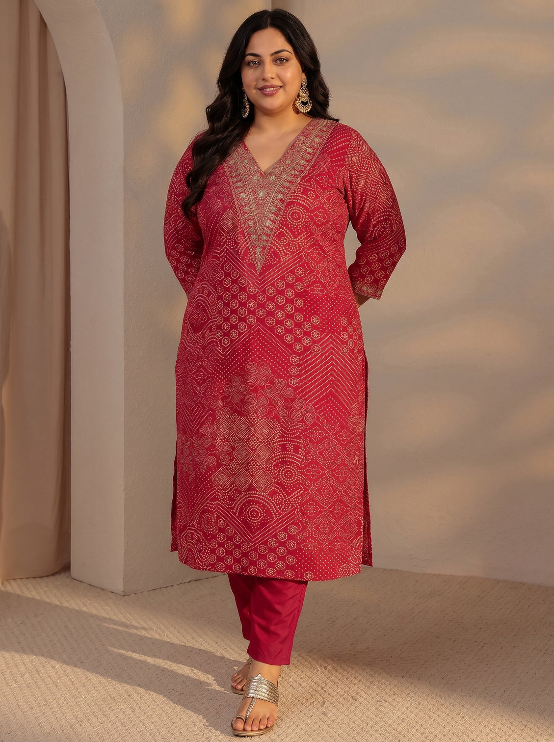 Plus Size Red Bandhani Printed Silk Blend Straight Kurta