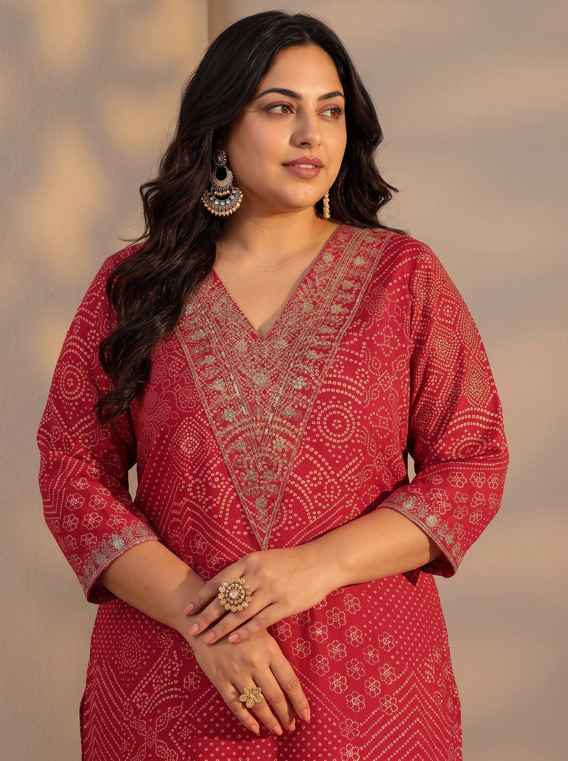 Plus Size Red Bandhani Printed Silk Blend Straight Kurta