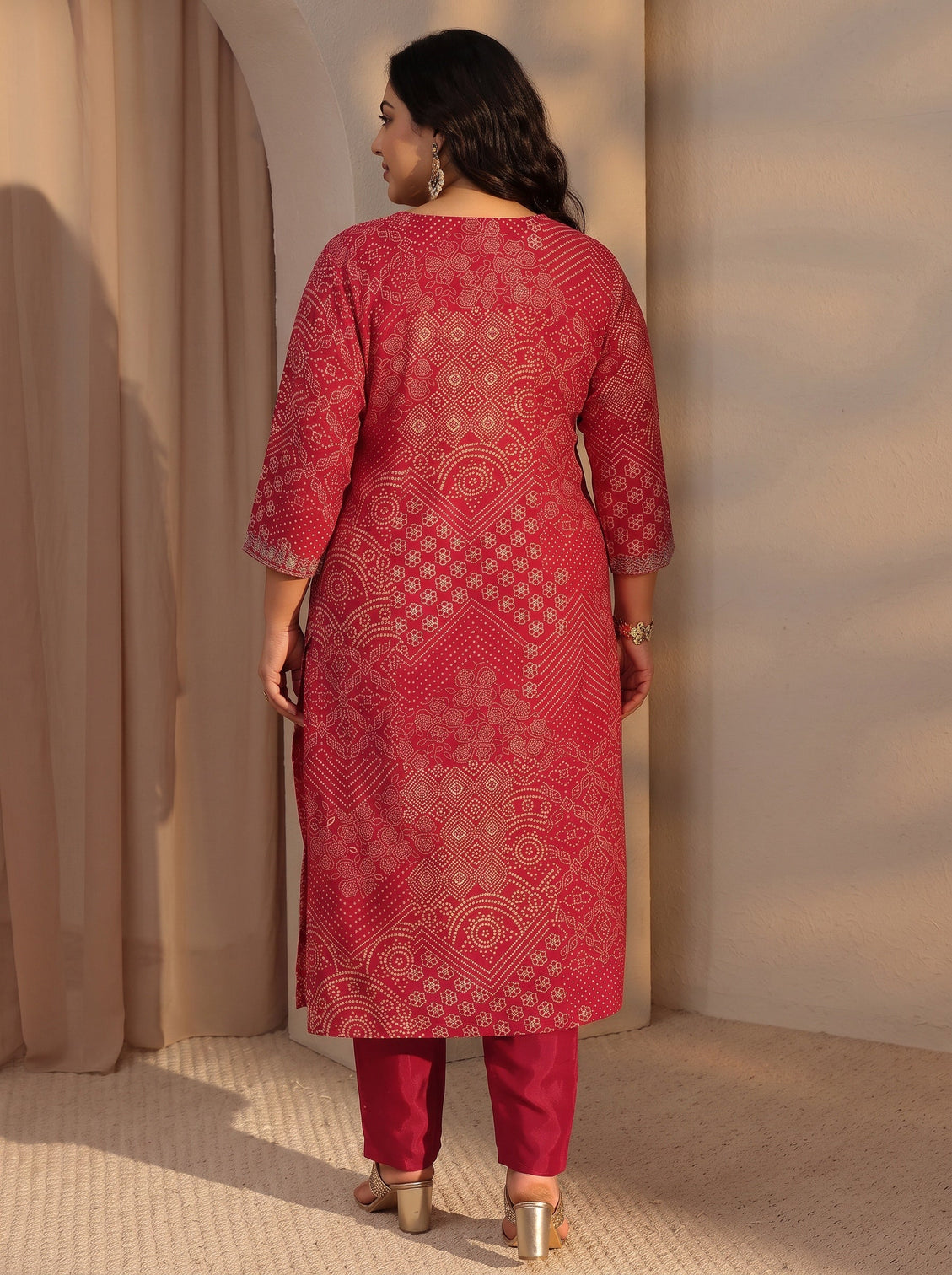 Plus Size Red Bandhani Printed Silk Blend Straight Kurta