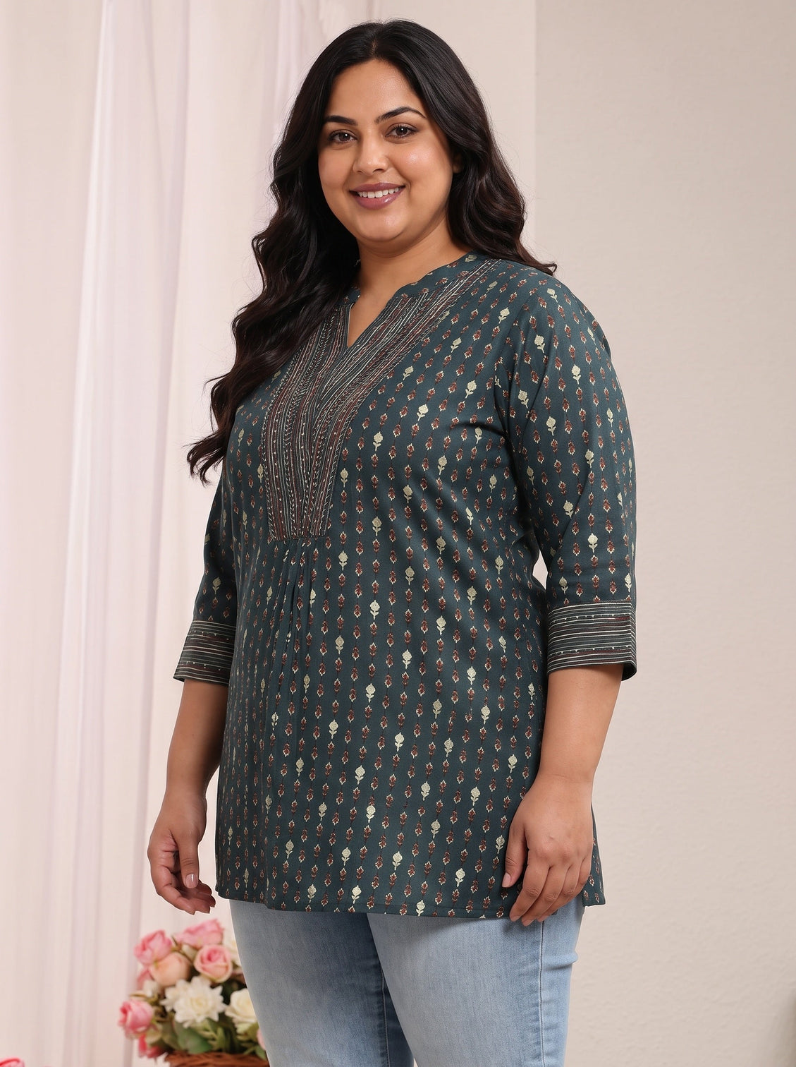 Plus Size Blue Ethnic Printed Silk Blend Straight Short Kurti