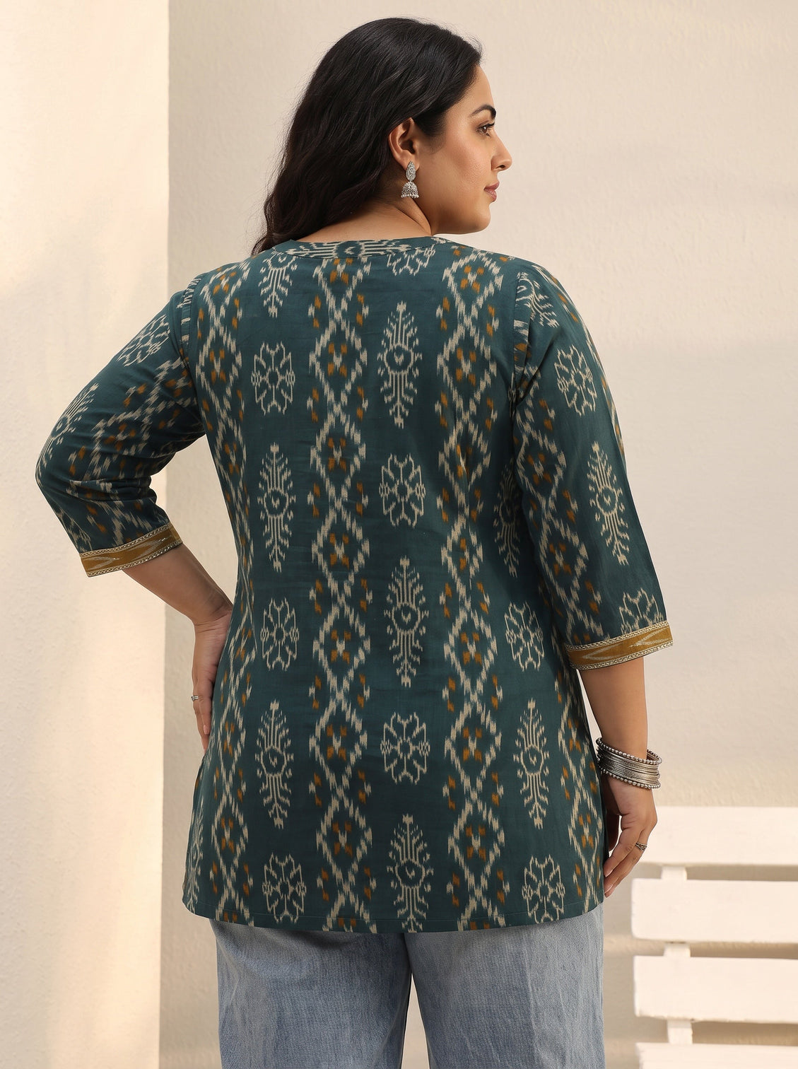 Plus Size Green Ethnic Printed Cotton A-Line Short Kurti