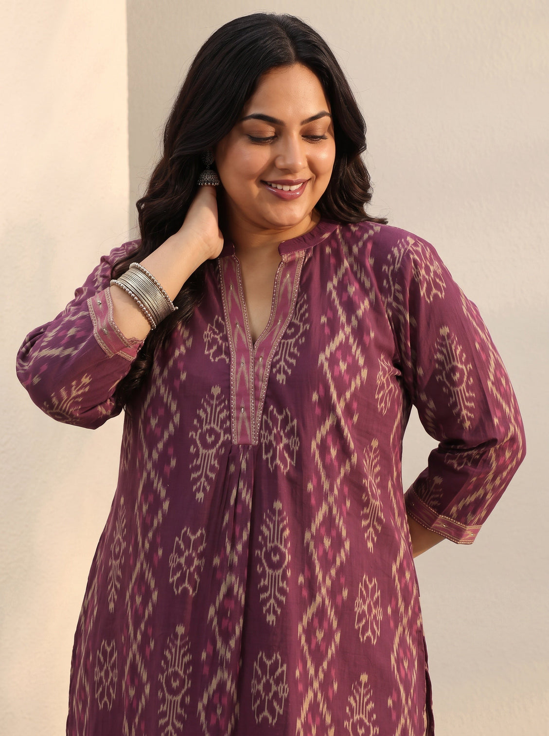Plus Size Purple Ethnic Printed Cotton A-Line Short Kurti