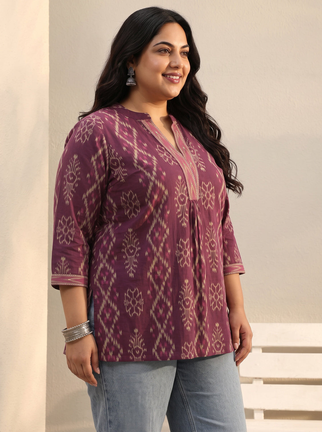 Plus Size Purple Ethnic Printed Cotton A-Line Short Kurti