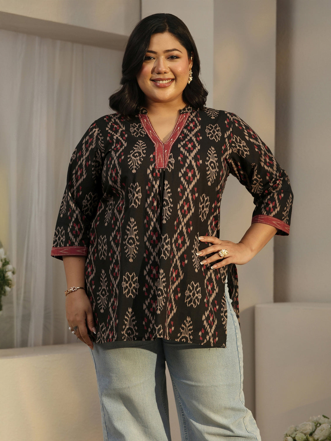 Plus Size Black Printed Cotton Short Kurti