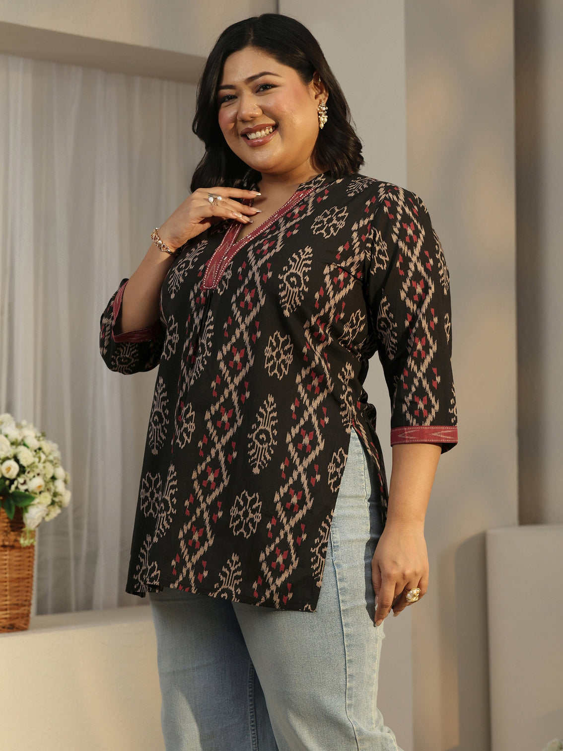 Plus Size Black Printed Cotton Short Kurti