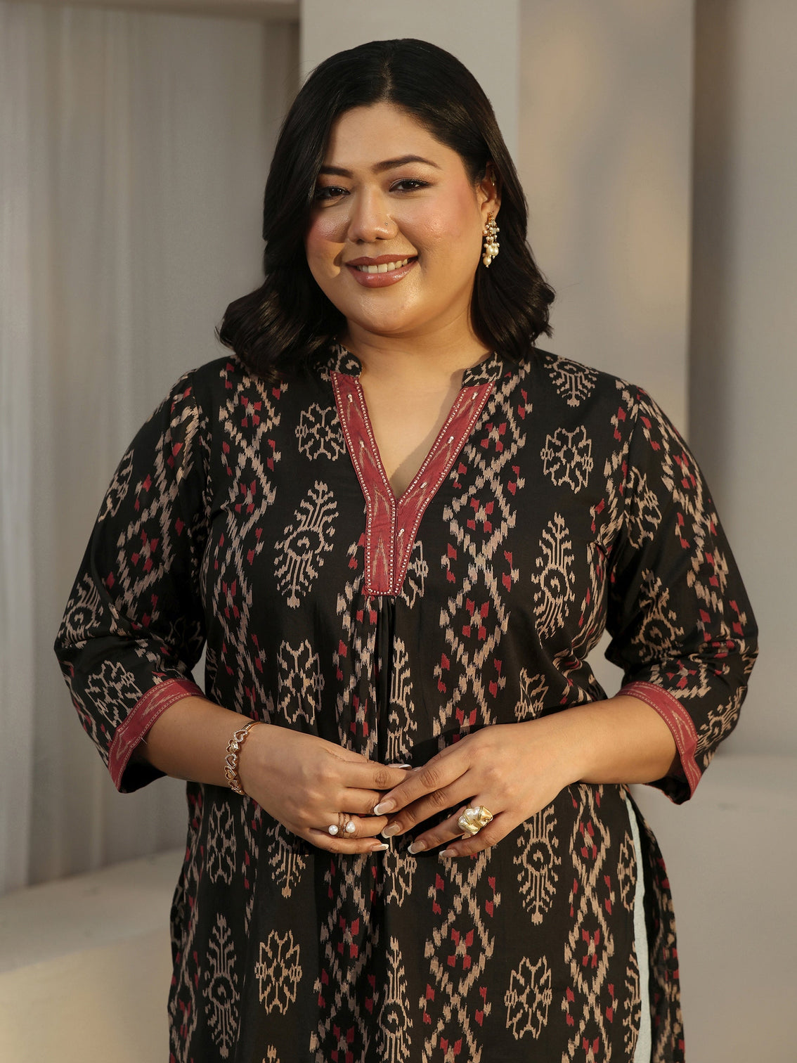 Plus Size Black Printed Cotton Short Kurti